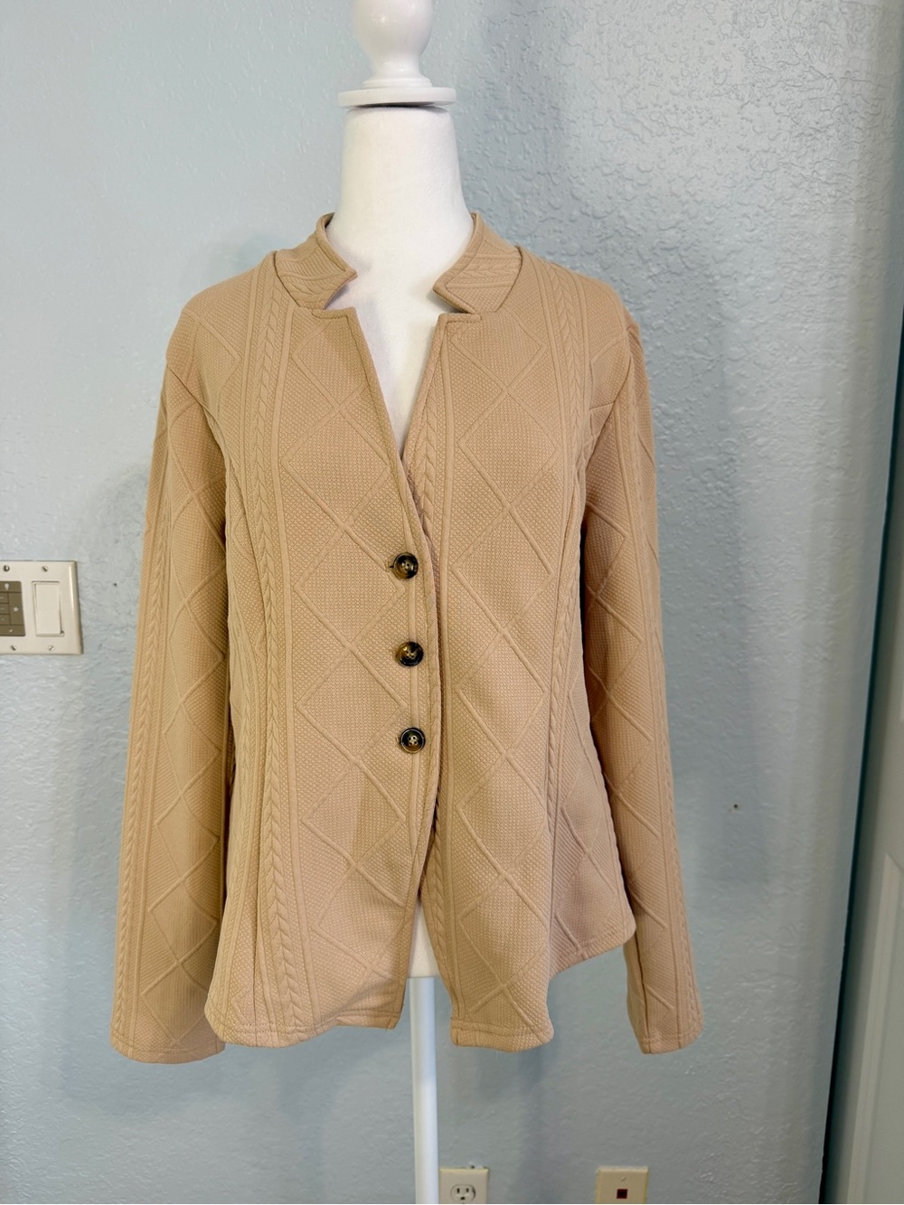 Beige Textured Knit Button-Front Jacket